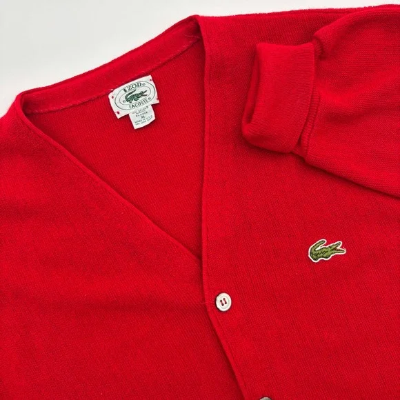 Vintage IZOD Lacoste Red V Neck Cardigan Grandpa Sweater Men's XL Made in USA - Picture 1 of 10